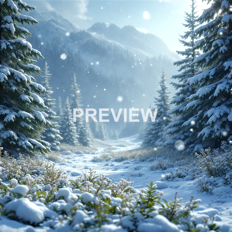 A snowy mountain landscape with tall pine trees covered in snow, a clear sky with the sun shining, and snowflakes falling in a serene winter scene.